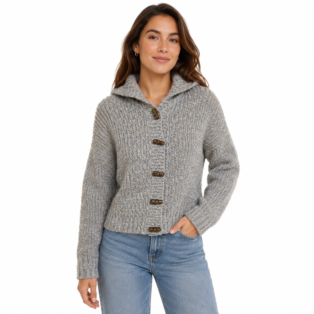 XXI Forever Womens Medium Marled Grey Chunky Knit Toggle Button Hooded Cardigan